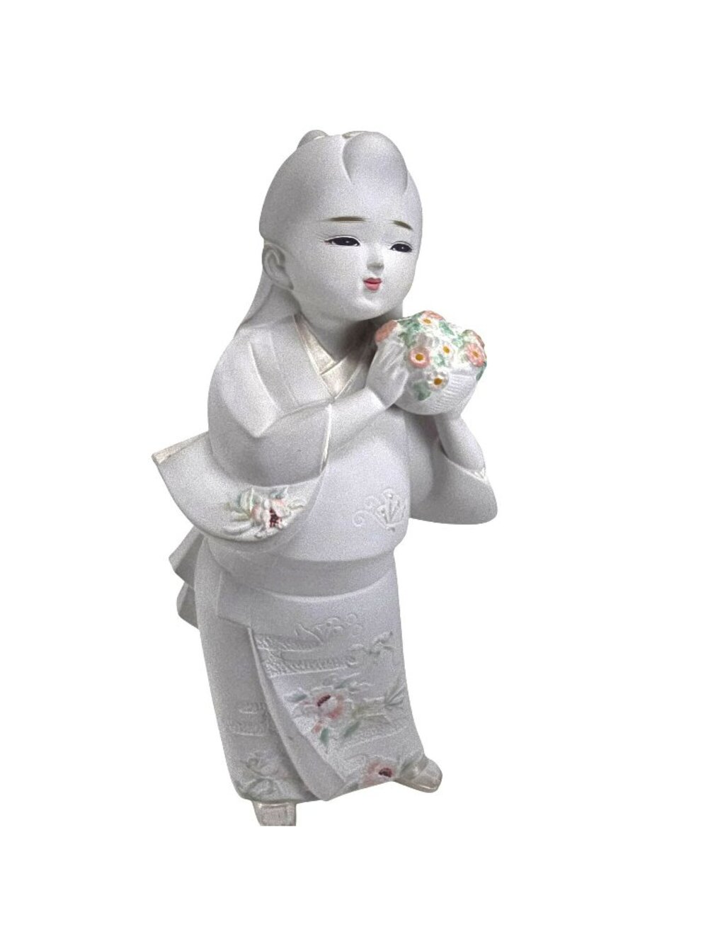 Japanese Porcelain Hakata Doll Figurine Of Woman In Kimono Floral Basket JE371